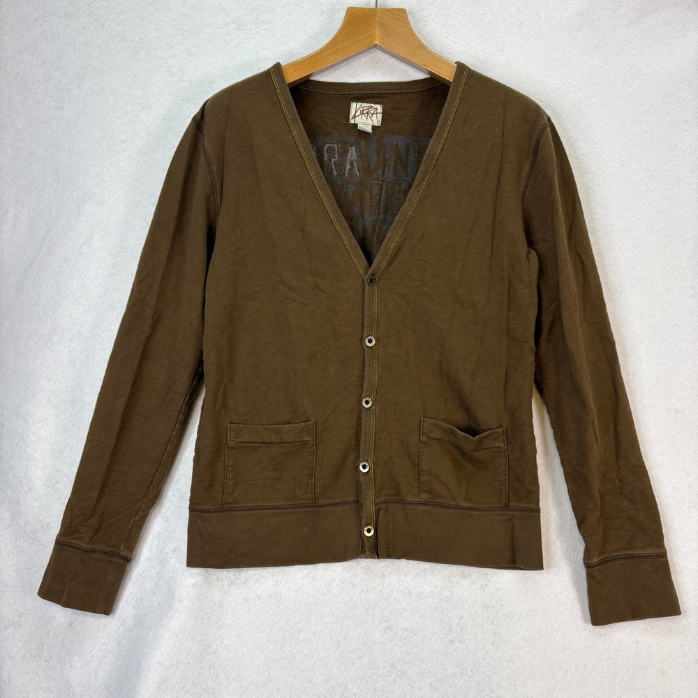 Vtg‎ KIRRA Industries Mens M Brown Cotton V-Neck Cardigan Graphic Print Normcore